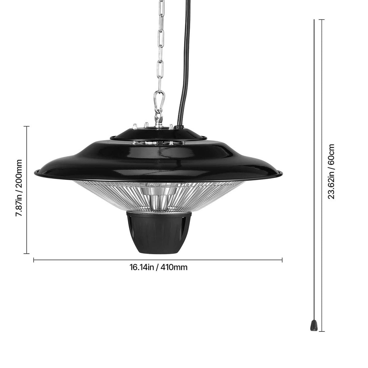 Infrared hanging heater with size measurements; black top dome and radiant grille