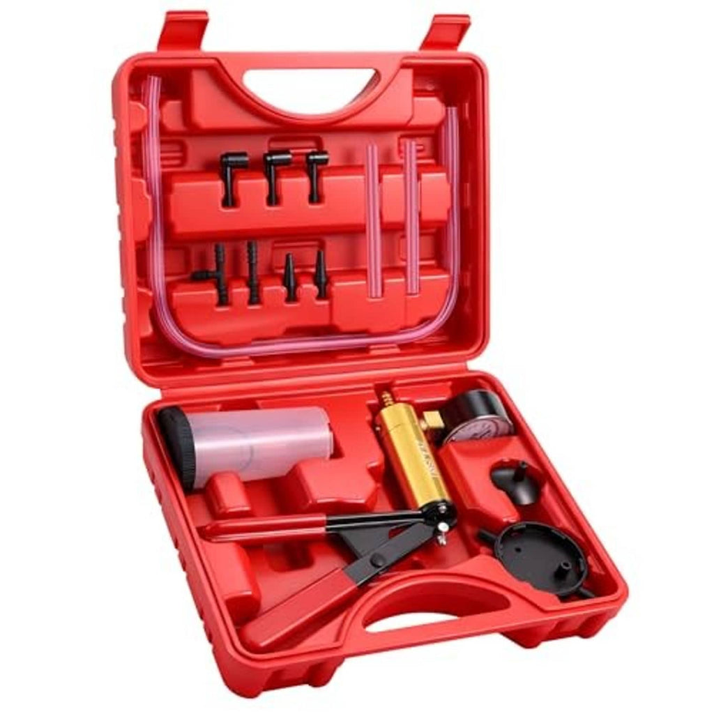 Open red brake bleeder kit case with hoses, pump, and dual pressure gauge
