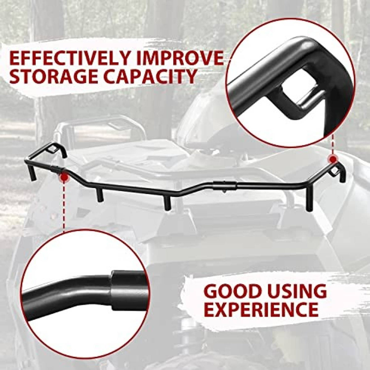 Front rack extender detail, black tubular frame with end caps and mounting points