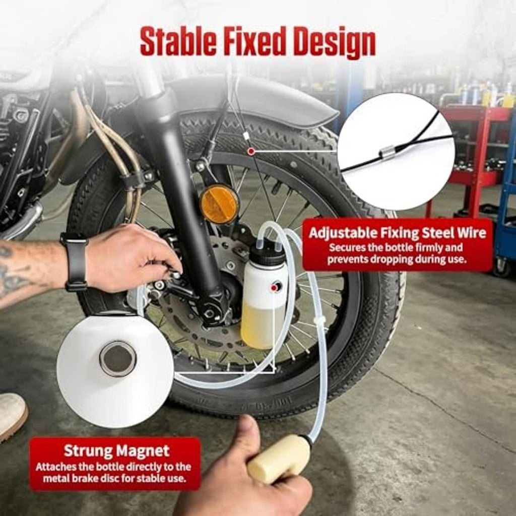 Motorcycle brake bleeder bottle with adjustable fixing steel wire, strung magnet, and clear vacuum hose
