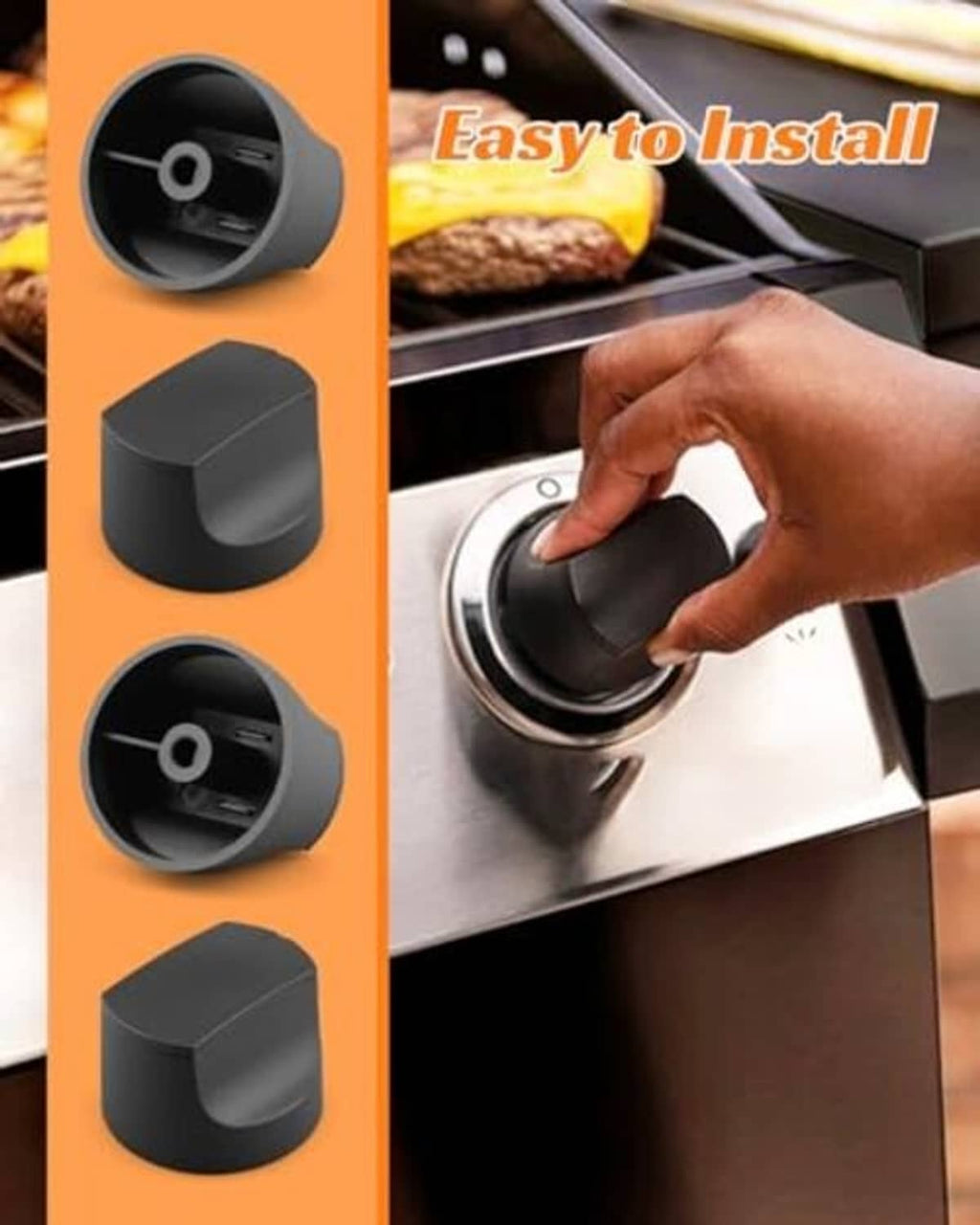 Black grill control knob being installed by hand on a grill control panel
