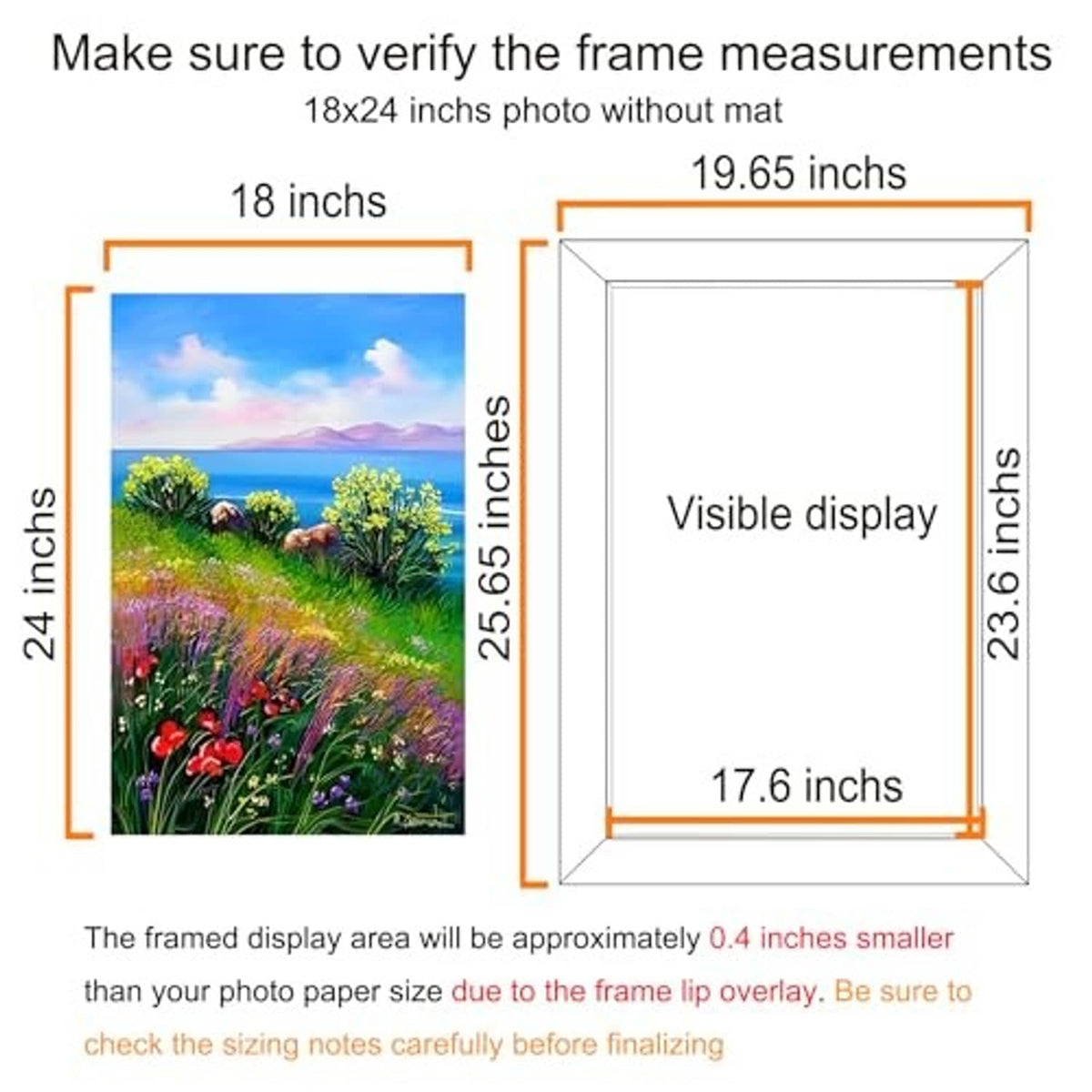 18x24 poster frame size guide showing photo display area dimensions