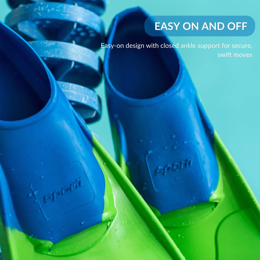 Blue and green swim fins with brand logo on foot pocket