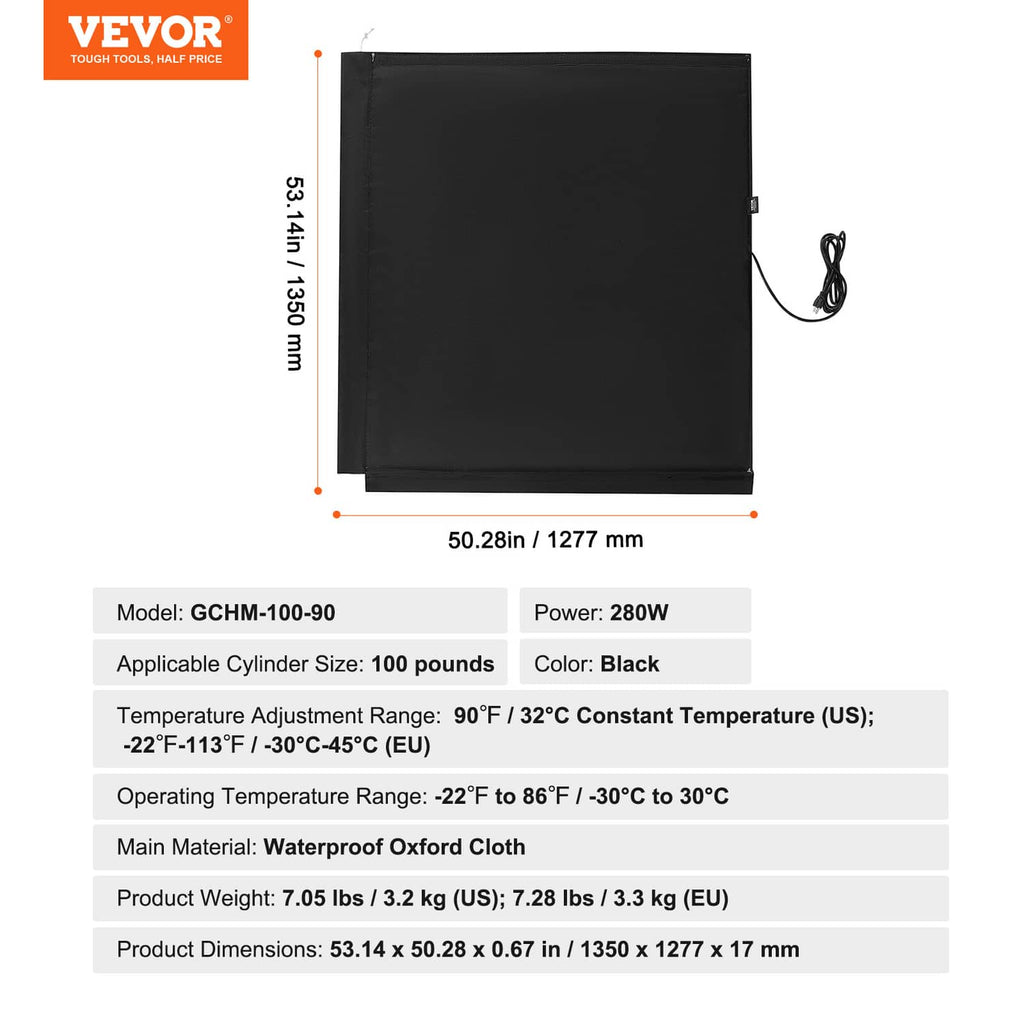 Black insulated heating cover with attached power cord; square bag design.