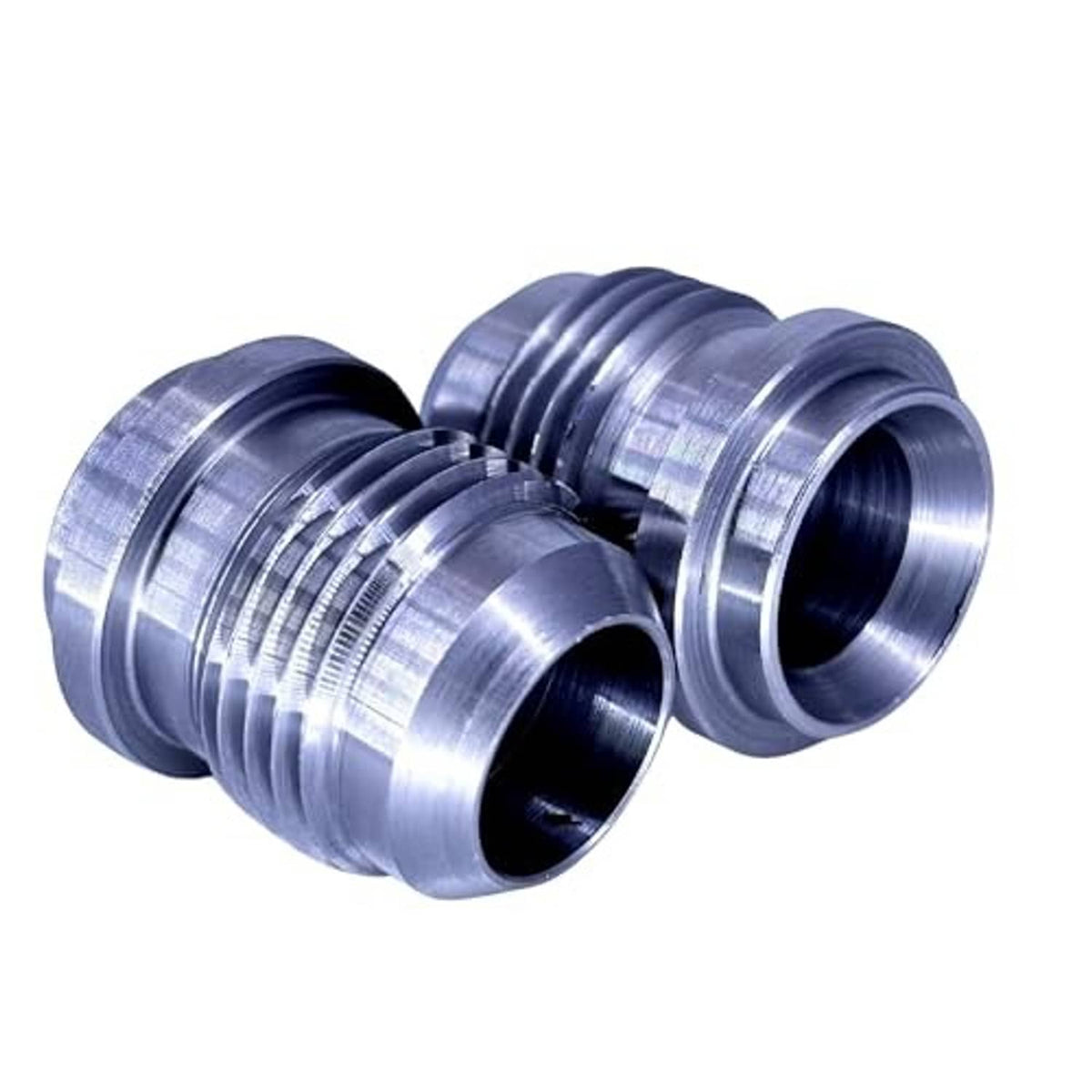 Male AN weld-on bung fitting, CNC-machined mild steel, angled view of flare threads