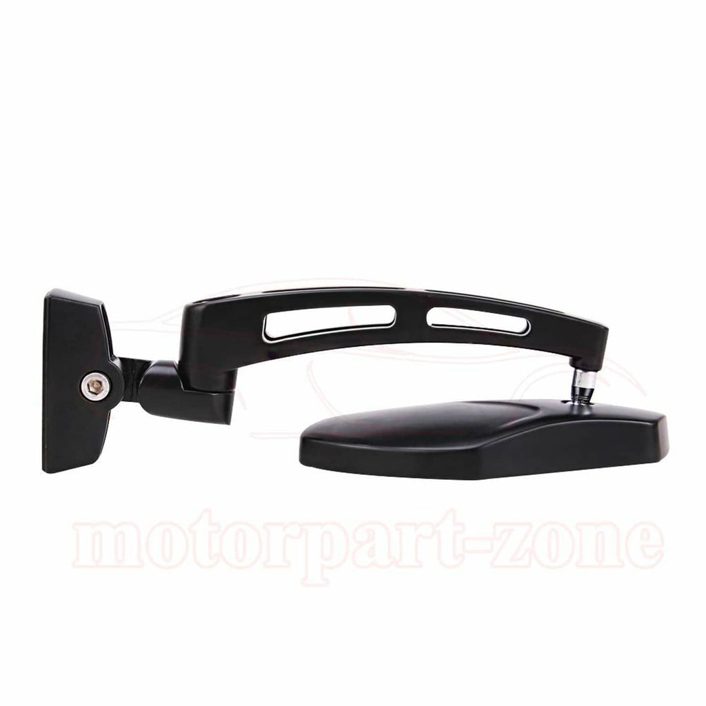 Black motorcycle racing rearview mirror with rectangular cutout housing and mounting bracket