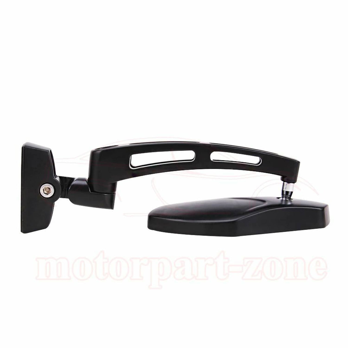 Black motorcycle racing rearview mirror with rectangular cutout housing and mounting bracket