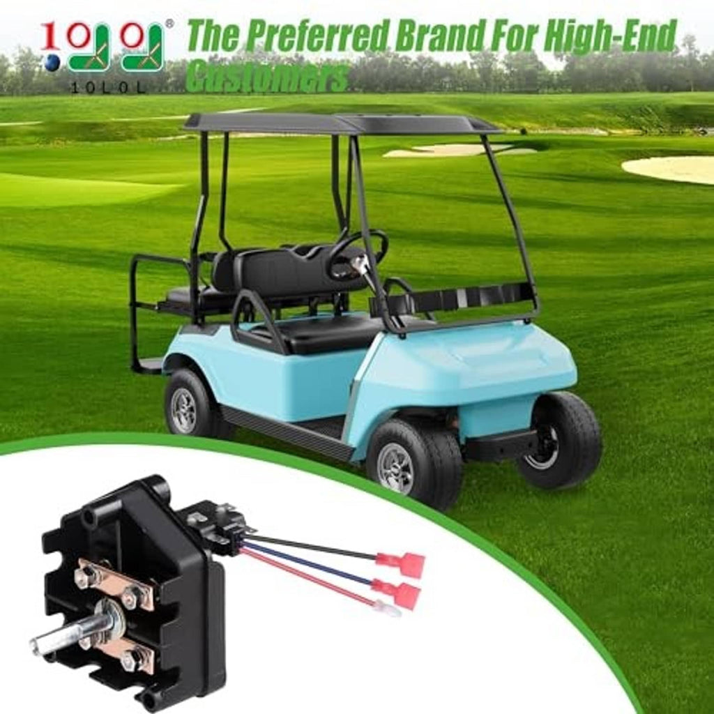 Light blue electric golf cart with forward/reverse switch assembly inset