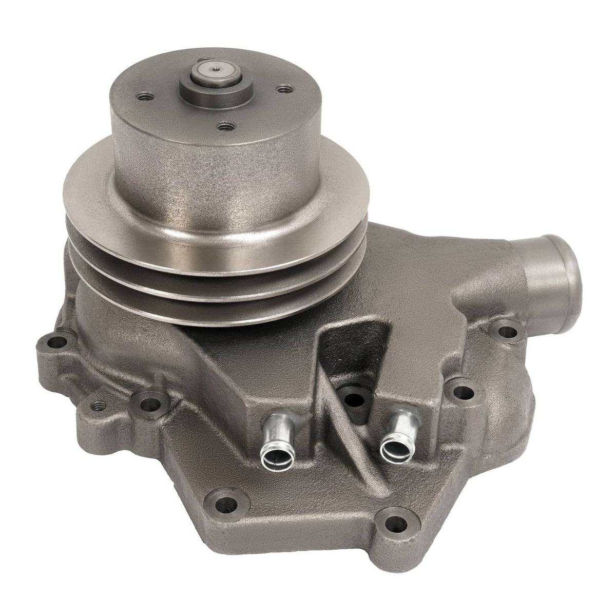 Steel water pump with ribbed pulley and dual outlet fittings, metallic gray.
