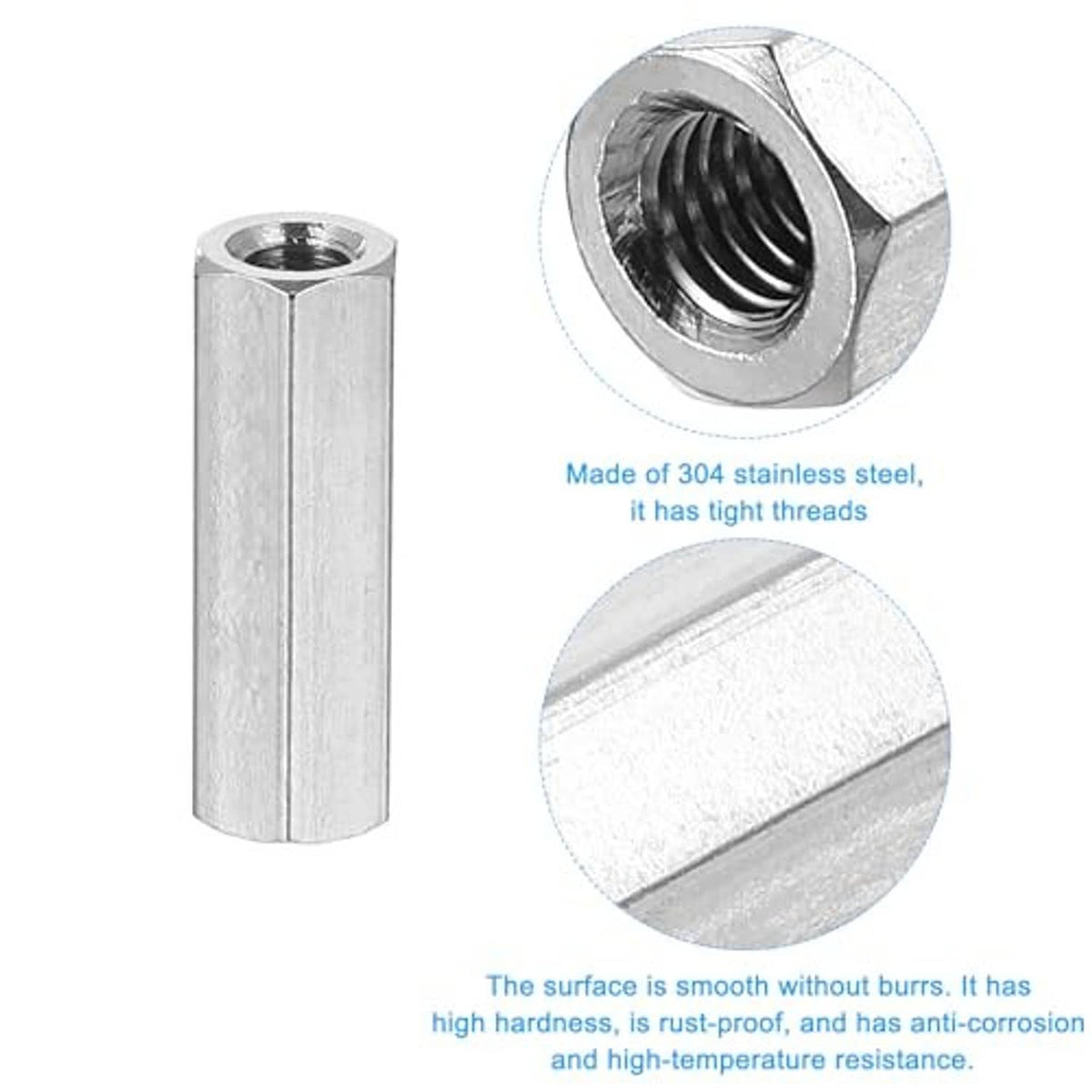 Stainless steel coupling nut sleeve with hex exterior and threaded hole