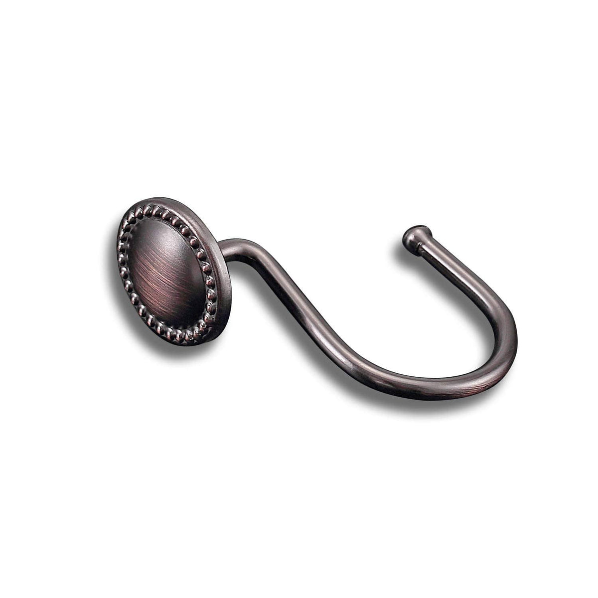 Oil-rubbed bronze shower curtain hook with oval beaded rosette and curved bar