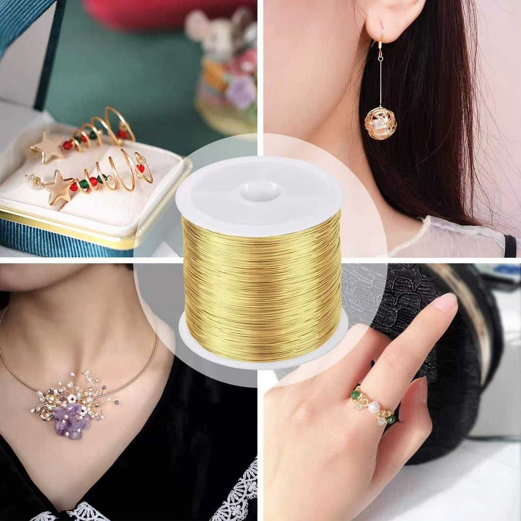 Gold wire earrings with pearl accents, shown with a small spool of wire