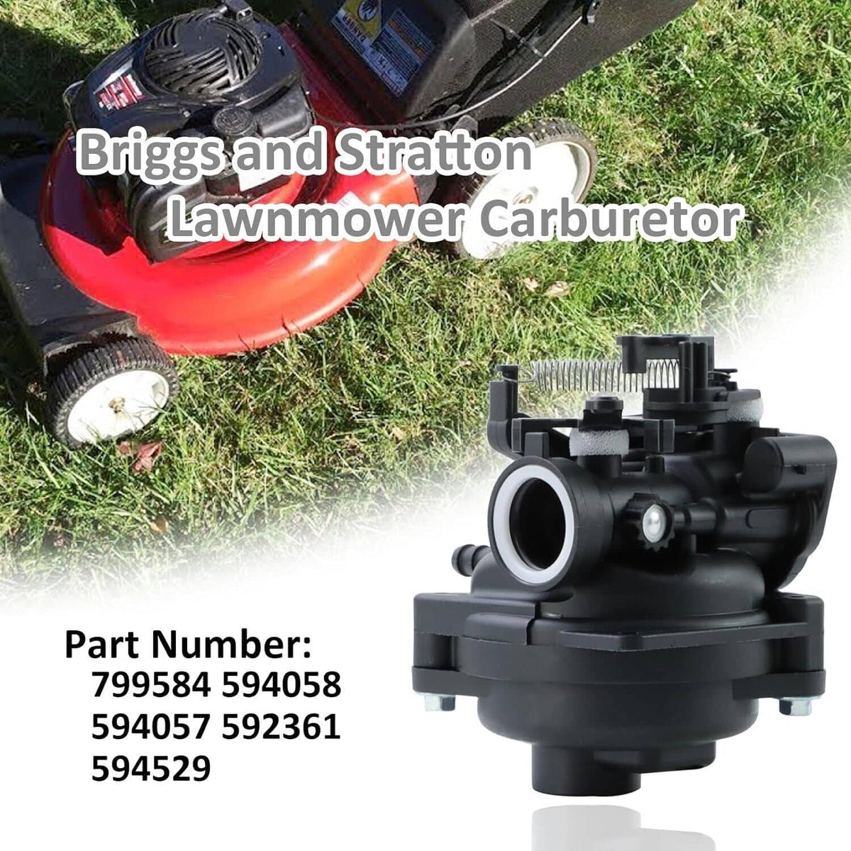 Black lawn mower carburetor with red intake gasket and mounted spark plug