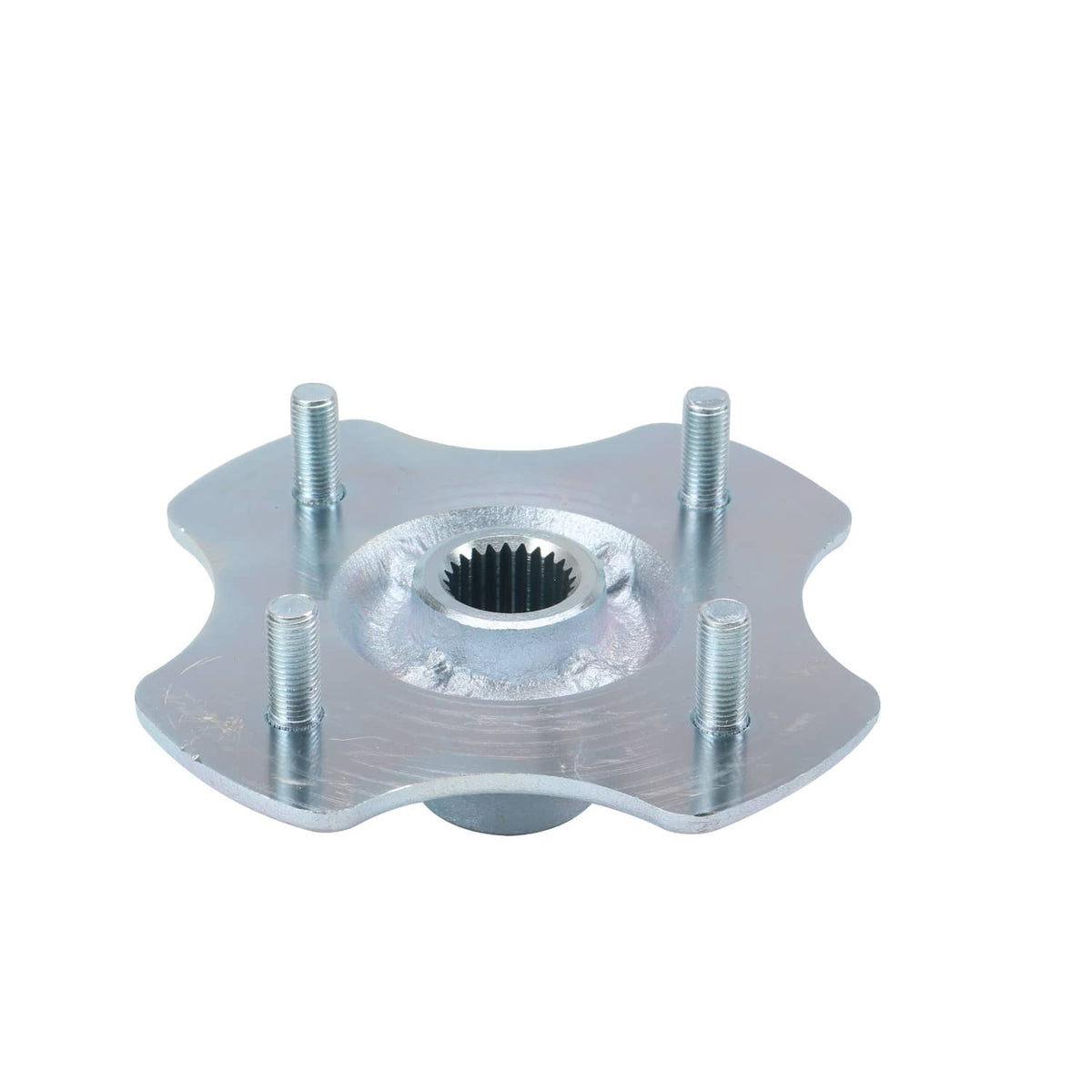 Wheel hub flange with central splined hole and four stud bolts