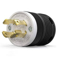 30A NEMA L14-30P twist-lock male plug with gold prongs and ridged black body
