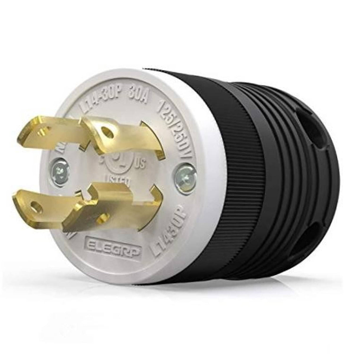 30A NEMA L14-30P twist-lock male plug with gold prongs and ridged black body