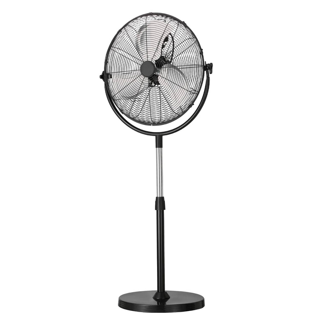 Black and silver pedestal standing floor fan with wire grille and round base