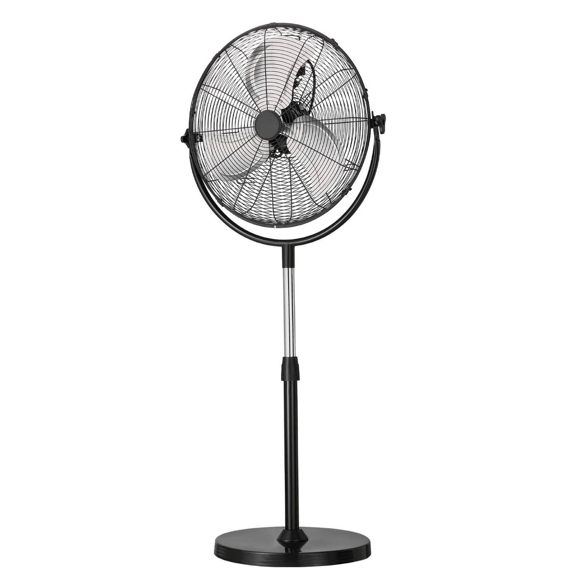 Black and silver pedestal standing floor fan with wire grille and round base