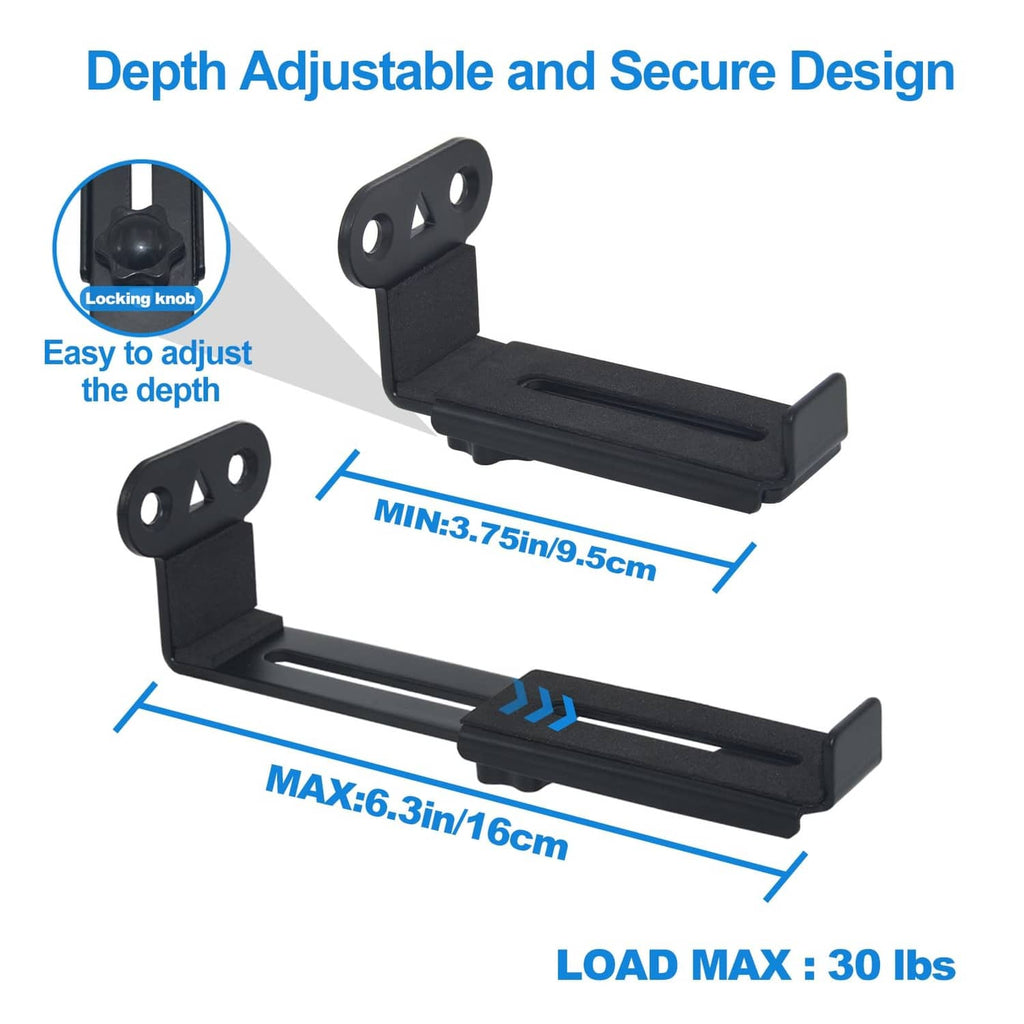 Black depth-adjustable soundbar wall mount with locking knob and two support rails