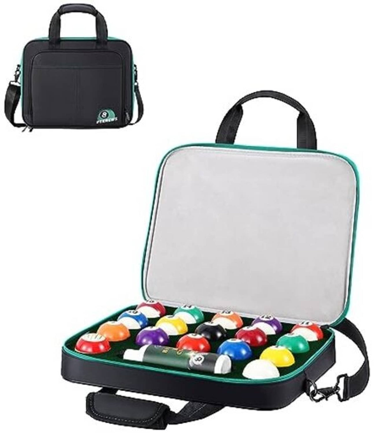 Padded billiard ball carrying case with top handle, open lid and balls in tray