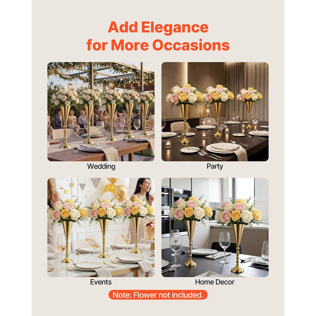 Gold trumpet vase centerpieces arranged for wedding, party, events, and home decor