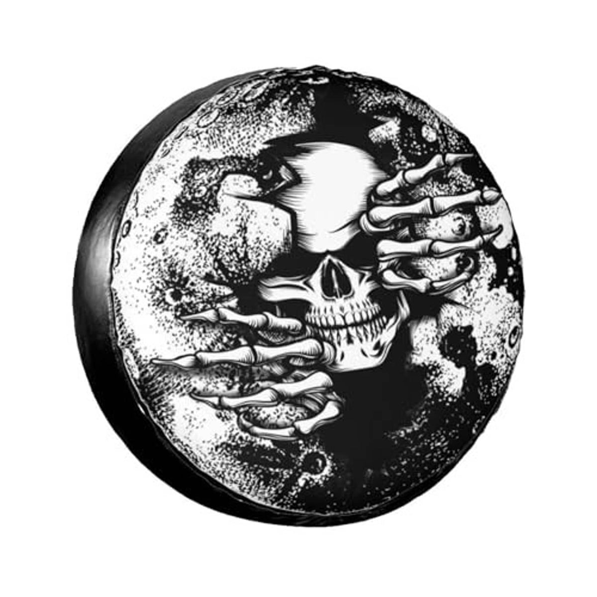 Skull spare tire cover with hand artwork across the center, black-and-white