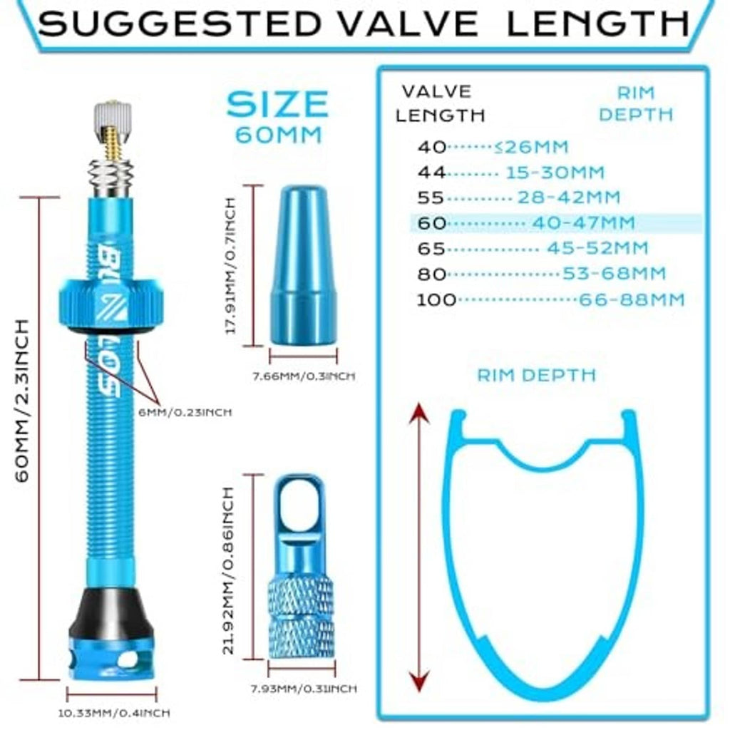 Blue Presta valve stem with sizing guide for rim depth compatibility