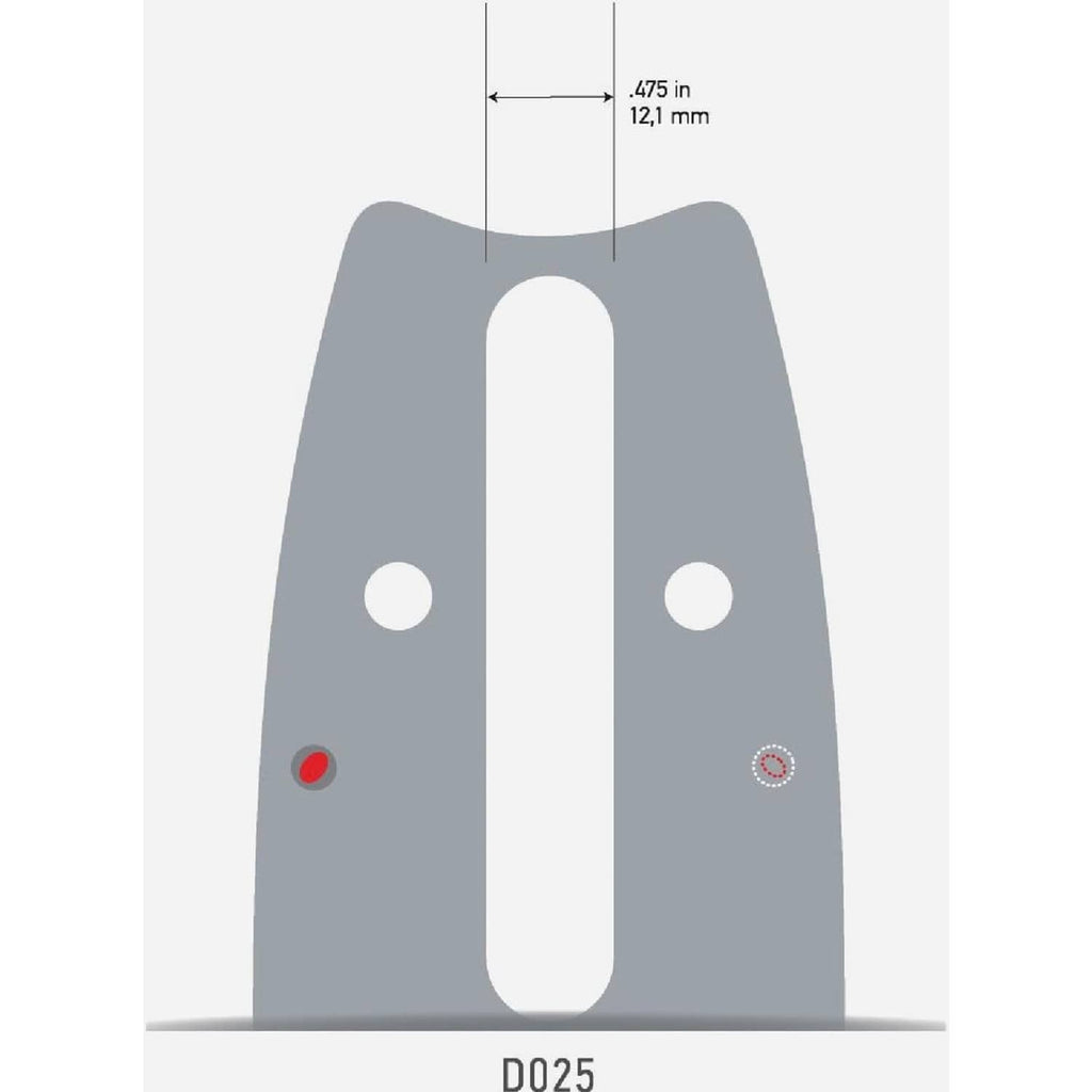 Chainsaw chain chart labeled D025 with .475 in (12.1 mm) dimension.