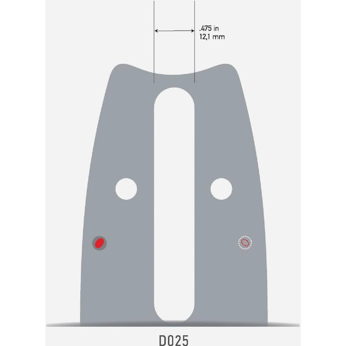 Chainsaw chain chart labeled D025 with .475 in (12.1 mm) dimension.