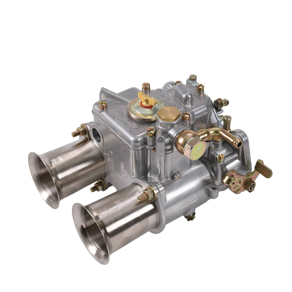 Rear three-quarter view twin-choke carburetor with dual exhaust-style outlets