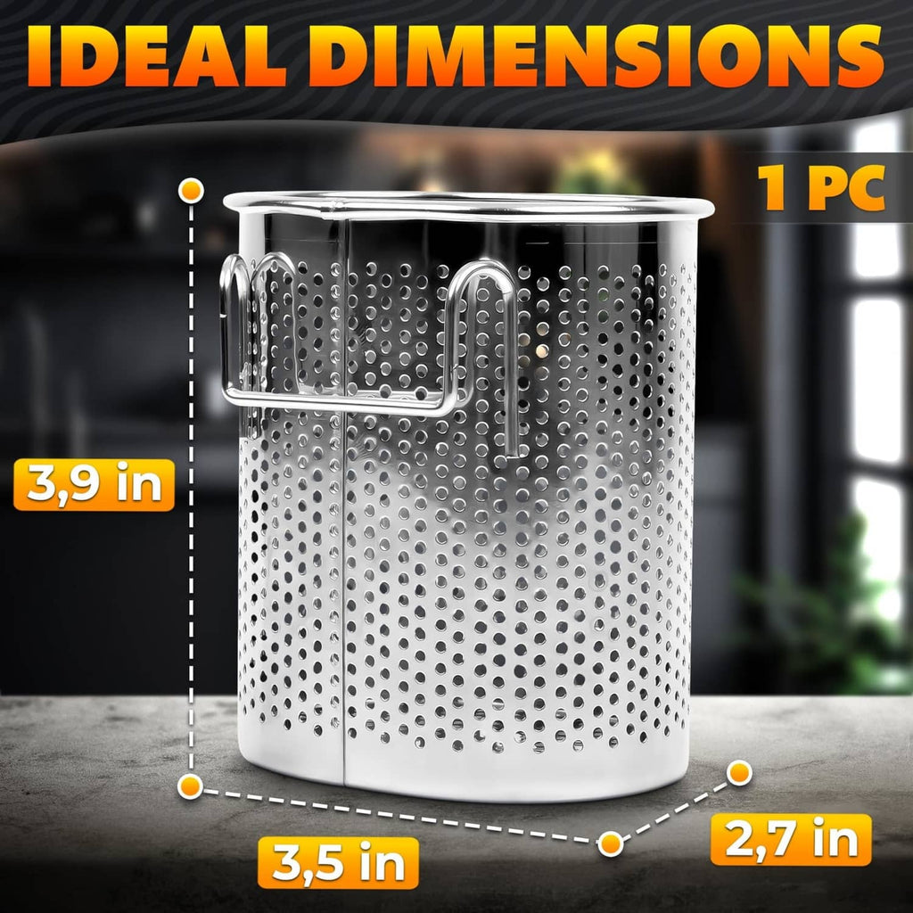Perforated stainless steel chopstick holder with side hooks, open top, silver