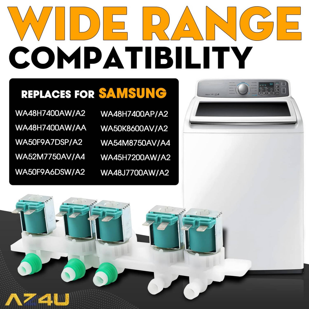 Washer water inlet valve set with teal solenoids on white manifold for compatibility