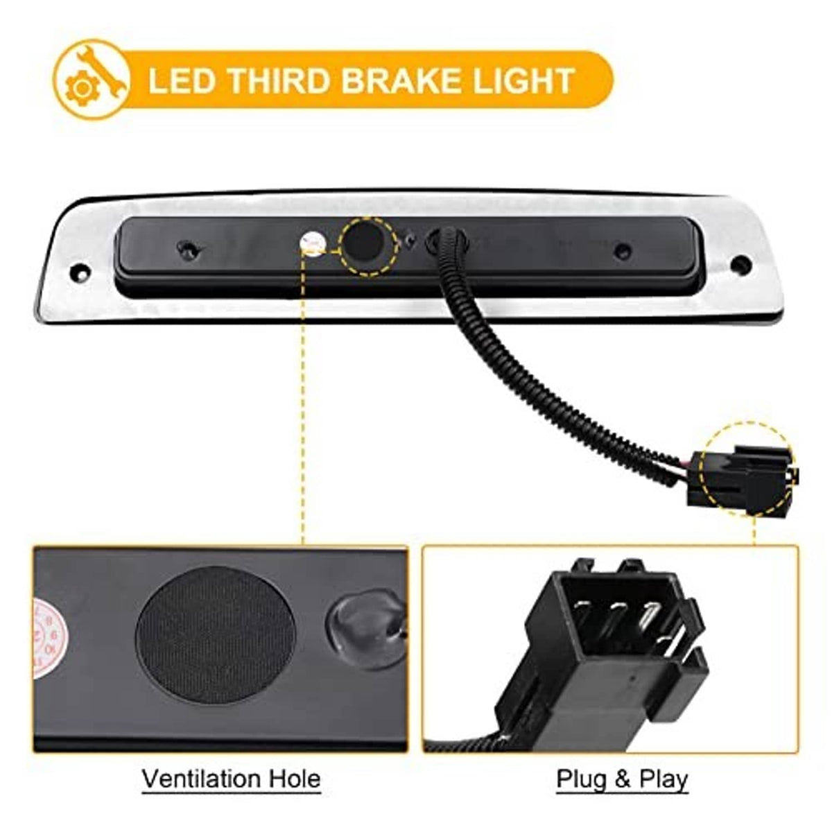Smoked LED third brake light with vent hole and plug-and-play wiring connector