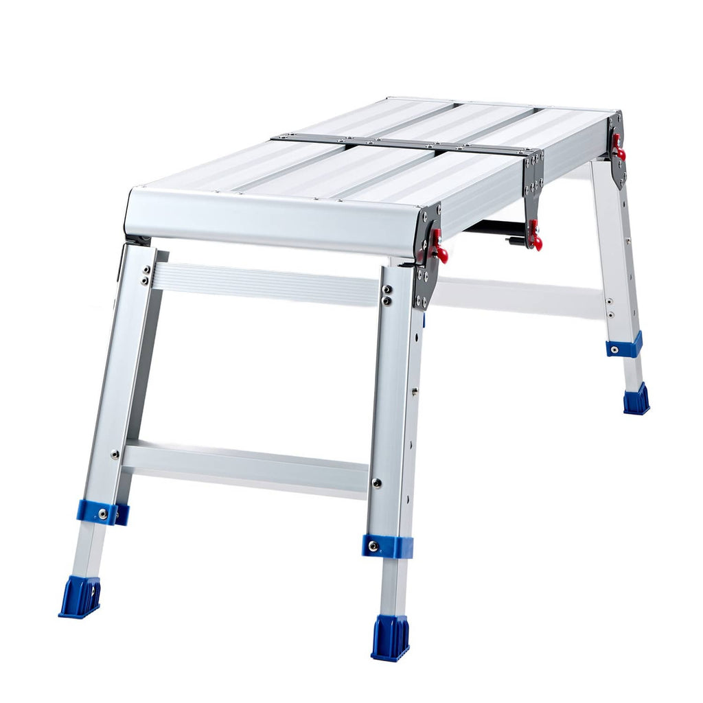 Adjustable folding work platform with ribbed aluminum top and blue anti-slip base pads