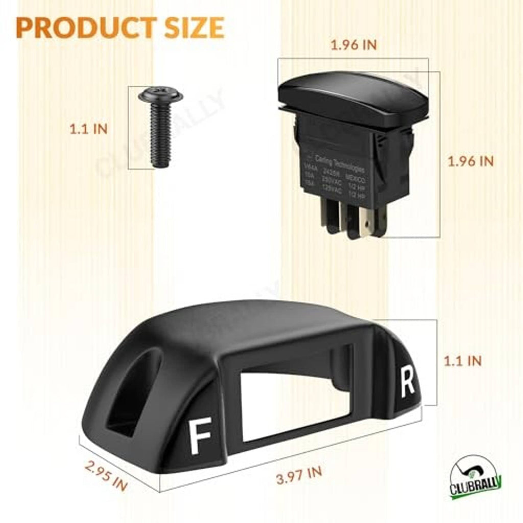 Black forward-reverse rocker switch housing with mounting screw and F/R markings