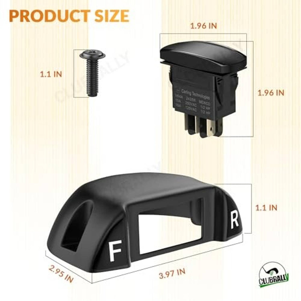 Black forward-reverse rocker switch housing with mounting screw and F/R markings