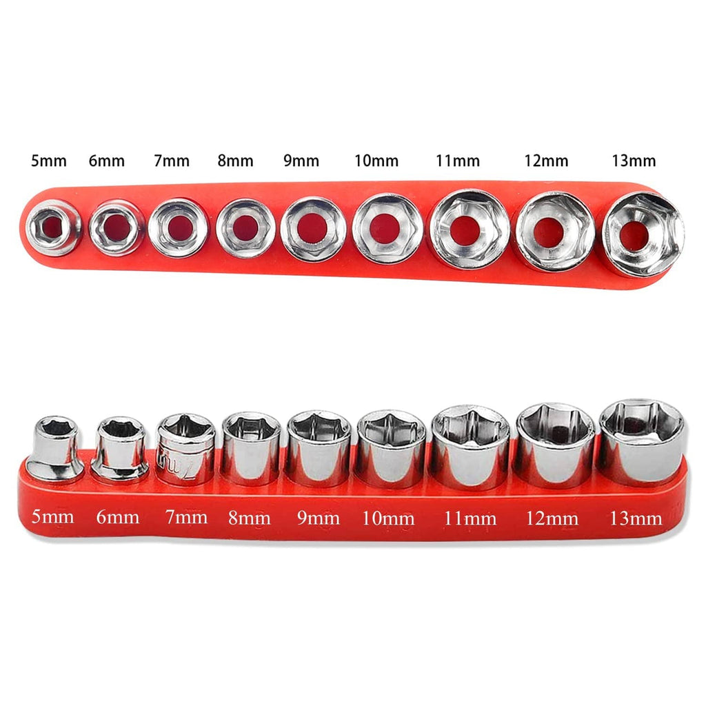 Chrome socket set on red rail with sizes 5mm to 13mm for belt changing tools