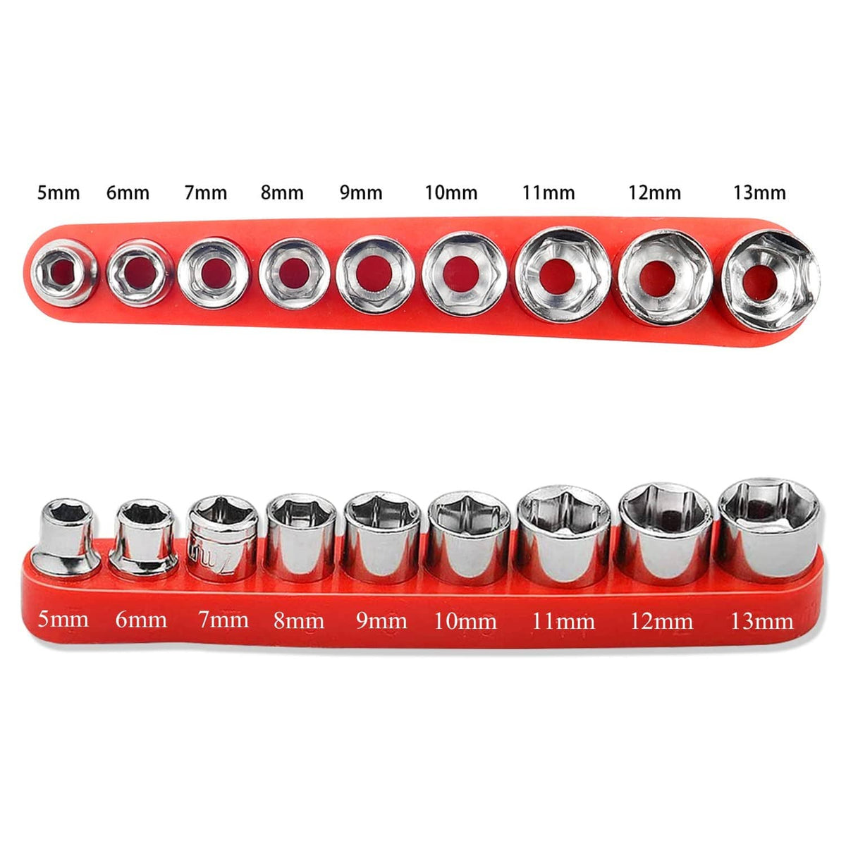 Chrome socket set on red rail with sizes 5mm to 13mm for belt changing tools
