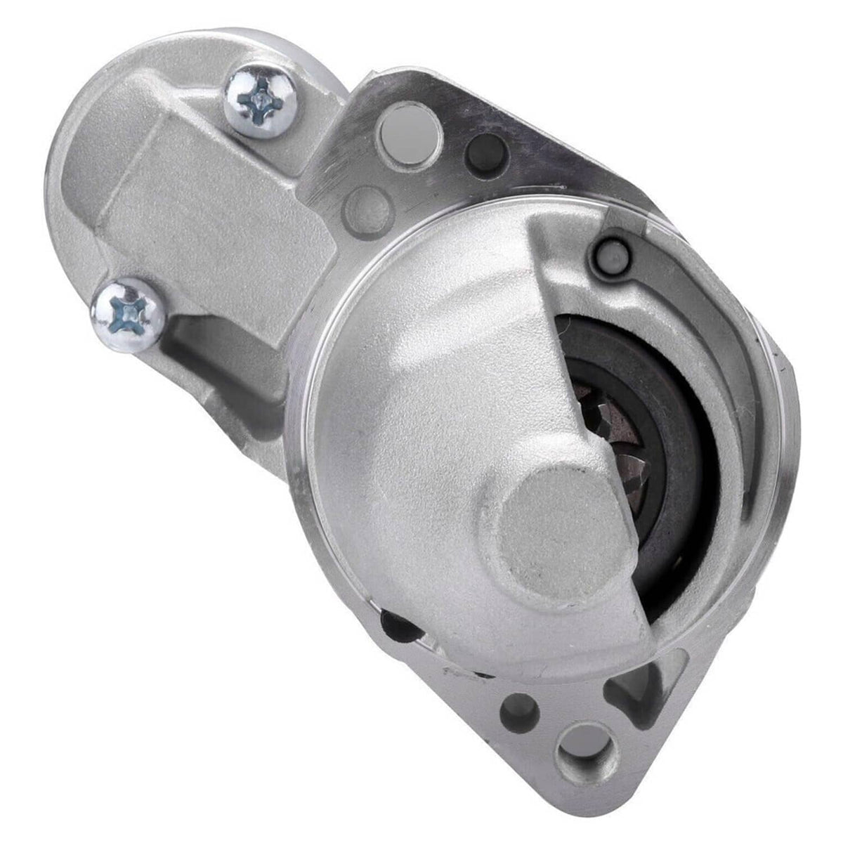 Starter motor with silver housing and black cylinder, with mounting flange and terminals