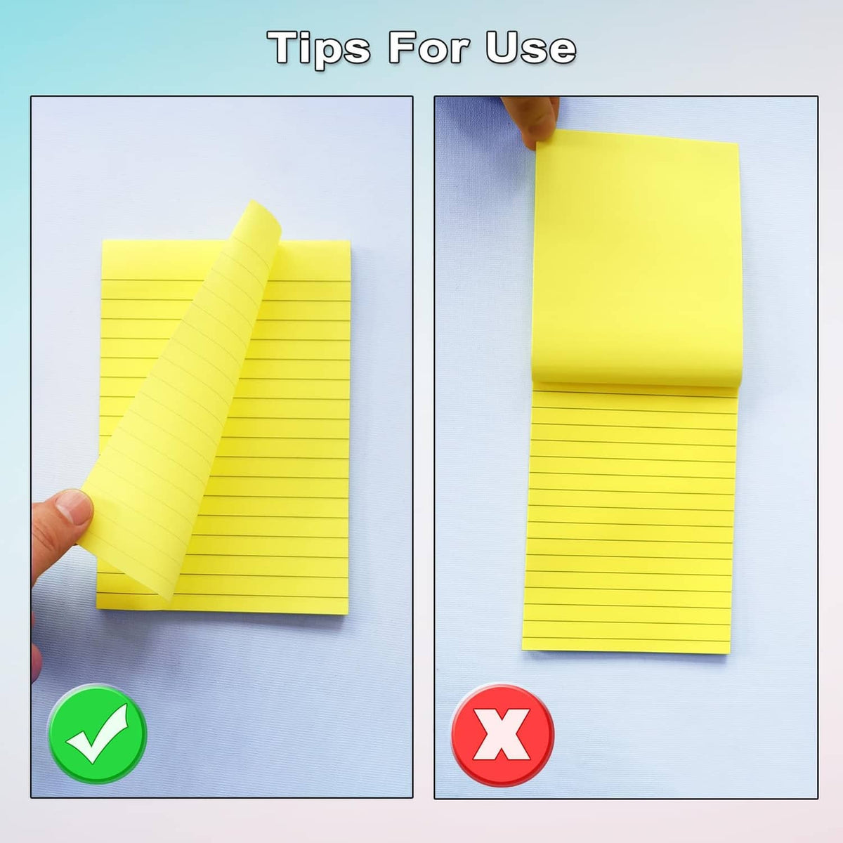 Yellow 4x6 lined sticky note peeled from backing, showing sticky adhesive strip