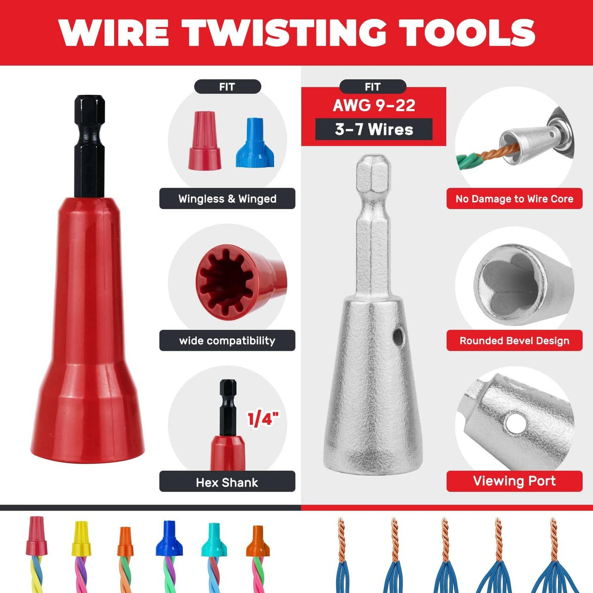 Wire twister heads for drill: red wire cap and silver cone with hex shank