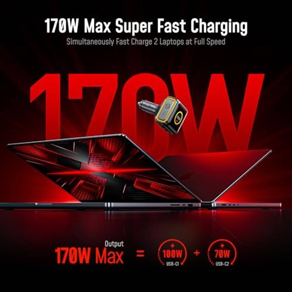 Car charger showing maximum charging graphic on TFT display with keyring-style cable end