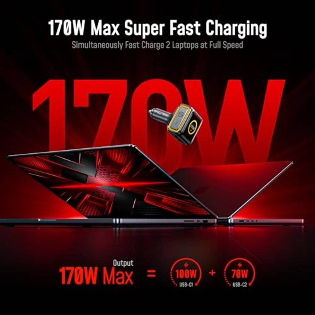 Car charger showing maximum charging graphic on TFT display with keyring-style cable end