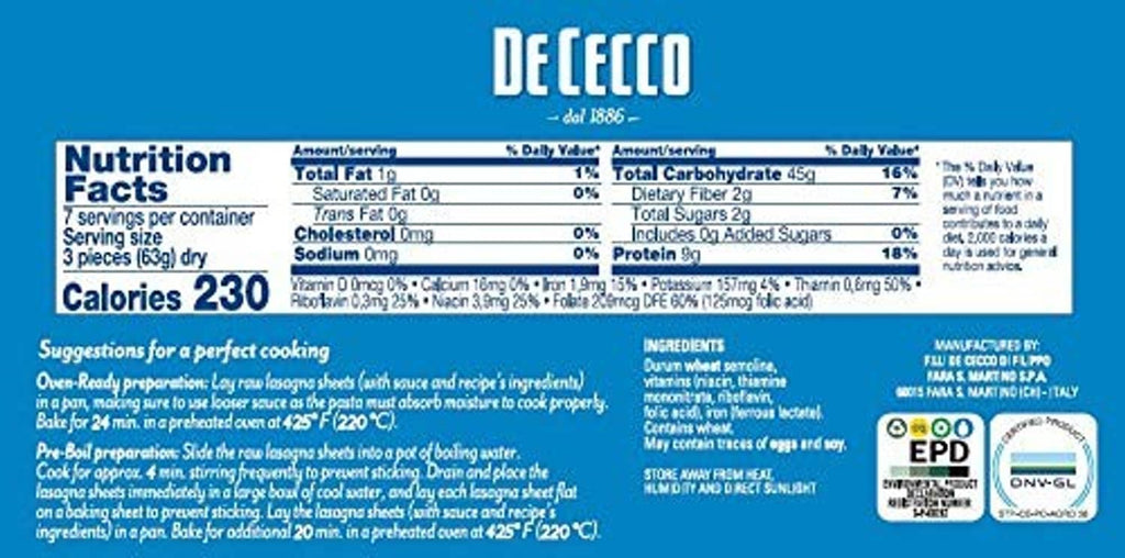 De Cecco Lasagne no. 1 pasta back panel with Nutrition Facts and serving info