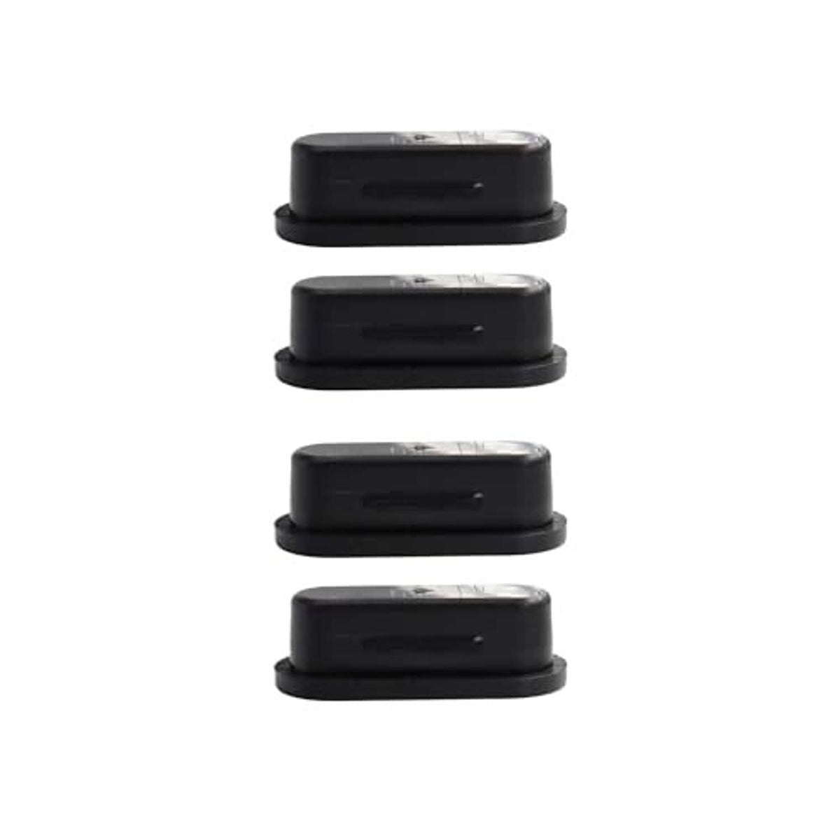 Trailer brake adjuster hole plug set, four black rubber plugs stacked for fitment
