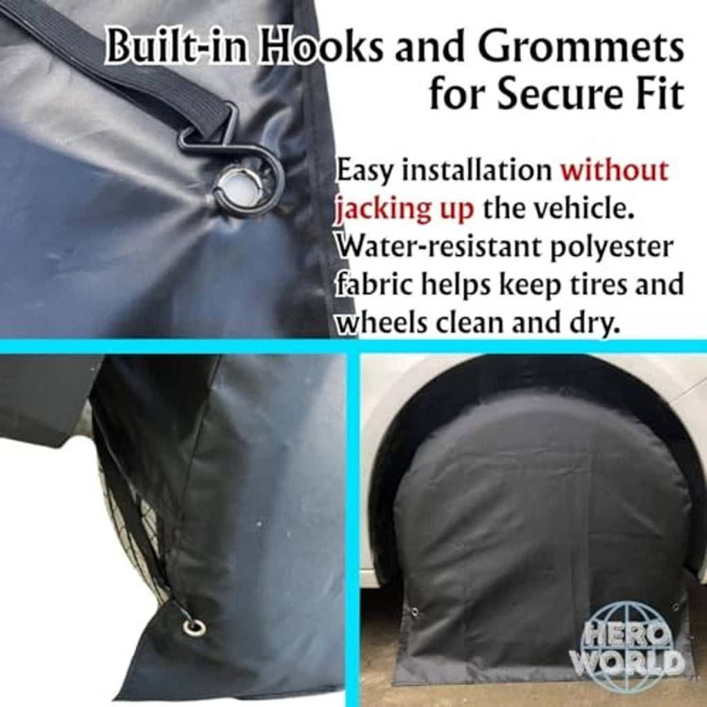 Black tire cover fabric with metal grommets and strap hook for secure fit