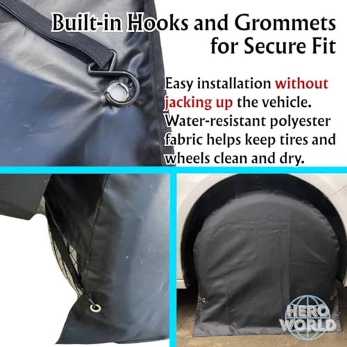 Black tire cover fabric with metal grommets and strap hook for secure fit