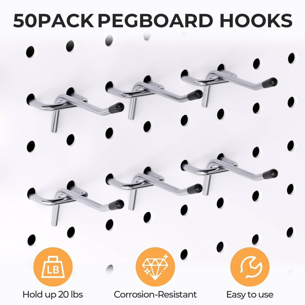 Pack of steel L-shaped pegboard hooks with black rubber tips
