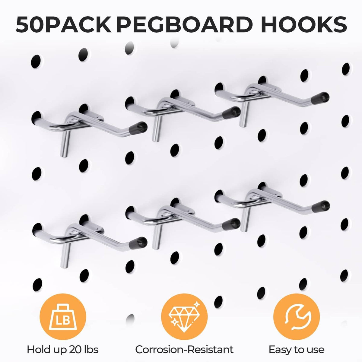 Pack of steel L-shaped pegboard hooks with black rubber tips