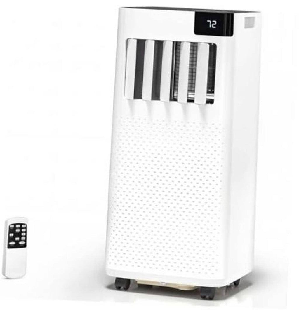 White portable air conditioner unit with front vent grille and digital display